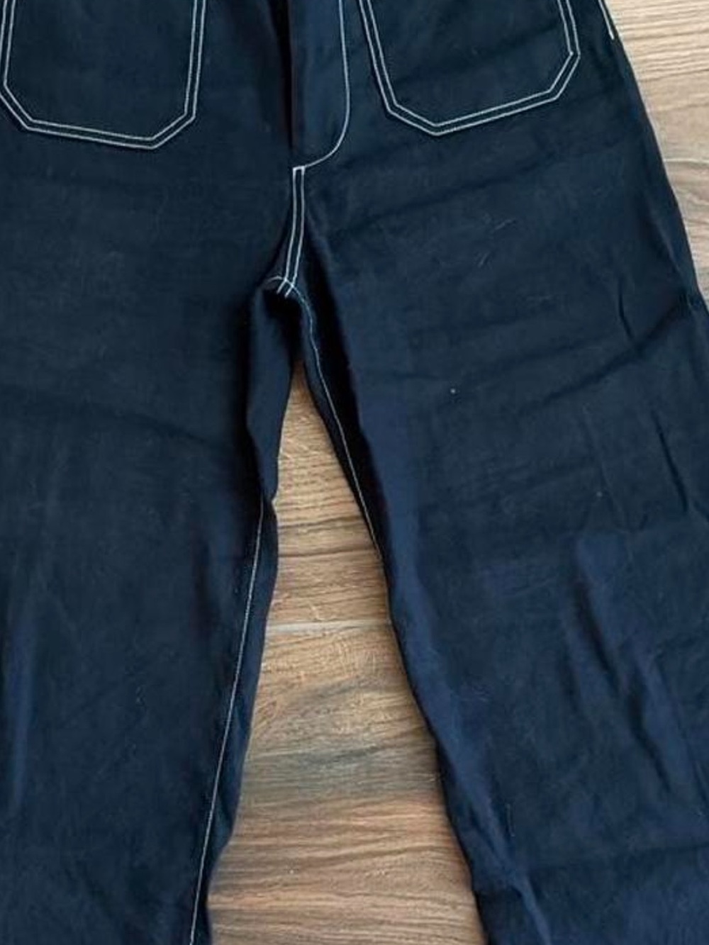 Maeve Wide Leg Flare “The Collette” Mid Rise Jeans in Navy contrast stitching - Picture 6 of 7
